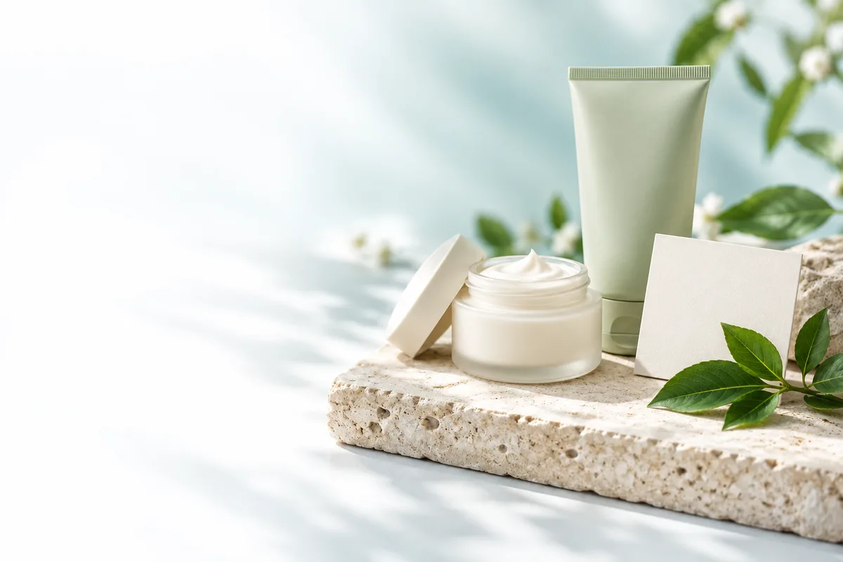 Unbranded cream jar and skincare tube on an ivory stone display