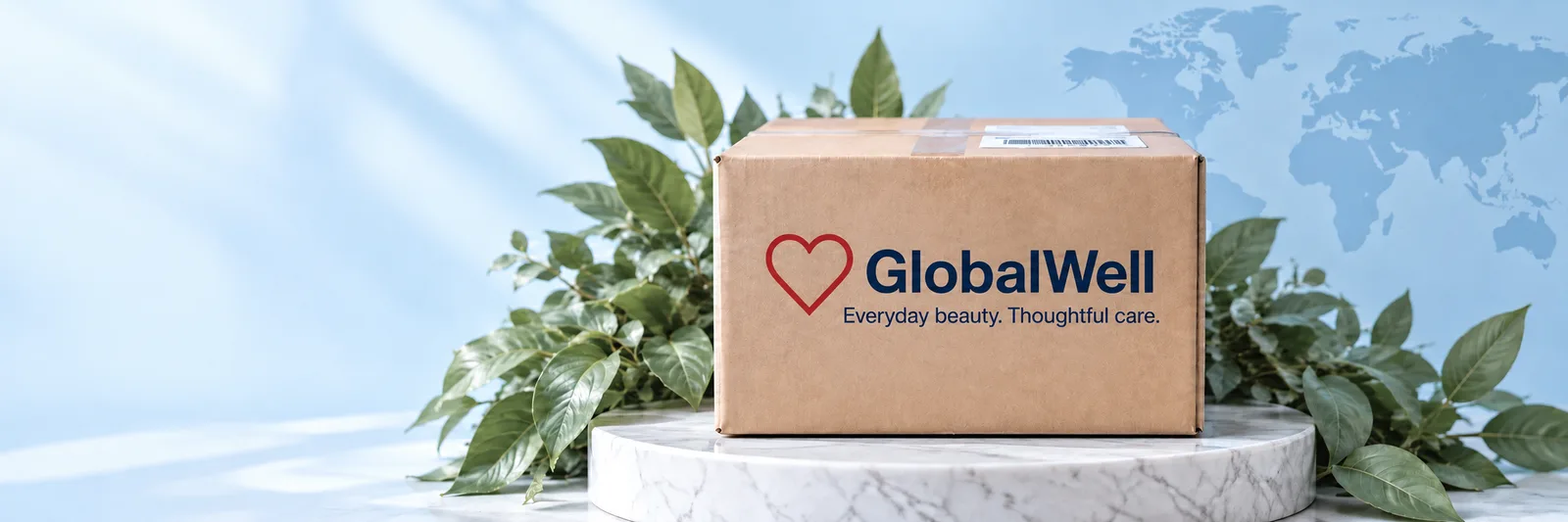 GlobalWell parcel with Everyday beauty. Thoughtful care. branding on an ivory display
