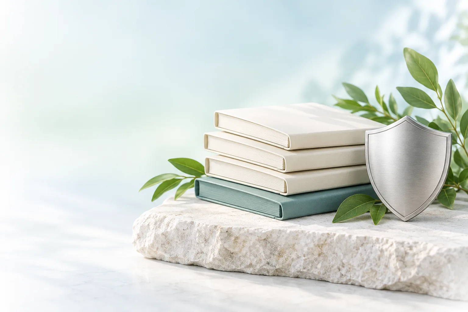 Policy books and a protective shield surrounded by leaves